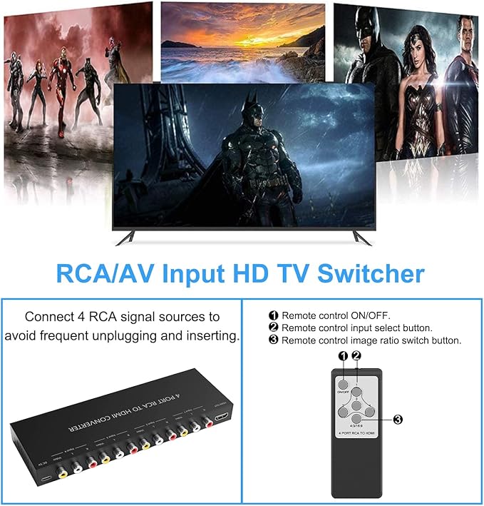 RuiPuo 4Port AV to HDMI Converter, 4Port AV to HDMI Switcher with IR Remote, Support 16:9/4:3 and Quick Switch Compatible with WII/N64/SNES/Xbox/PS1/PS2/PS3/VHS/VCR/DVD Players etc.(4AV In-1HDMI Out)