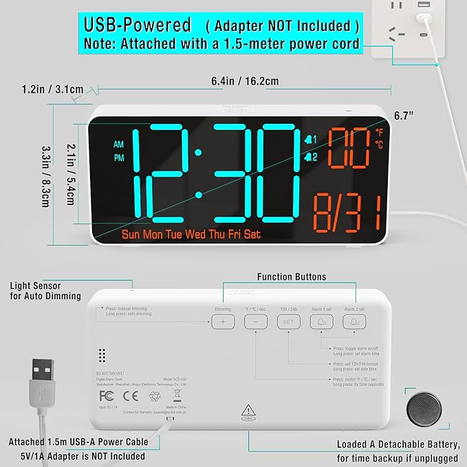 KOSUMOSU Small Digital Clock for Bedroom, 6.7in Desk Clock, Auto Dimming, Room Temperature, Day of The Week, Date, Seconds, Alarm Clocks for Bedrooms, Clocks for Living Room