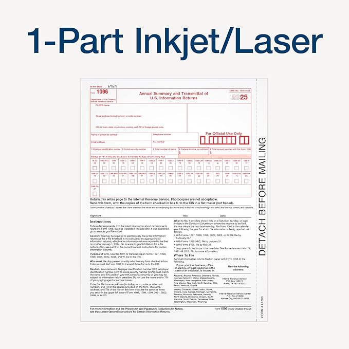 Adams 1096 Forms 2025, 1-Part Summary Transmittal Forms for 25 Recipients, Compatible with Inkjet & Laser Printers, 25 Sets per Pack, IRS Compliant (1017226)