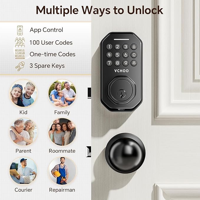 VCHOO Keyless Entry Door Lock with Handle, App Control Door Locks for Front Door, Auto Lock Keypad Door Lock with Handle, Smart Door Lock for Home Hotel Bedroom with 2 Door Knobs
