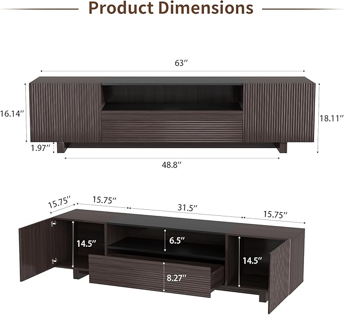 Epecoya TV Stand with Storage Cabinets for Living Room, Modern Wood Fluted TVs Media Console for 55/60/65 Inch TVs, Mid Century Television Stands with Drawer and Open Shelve for Bedroom, Dark Walnut