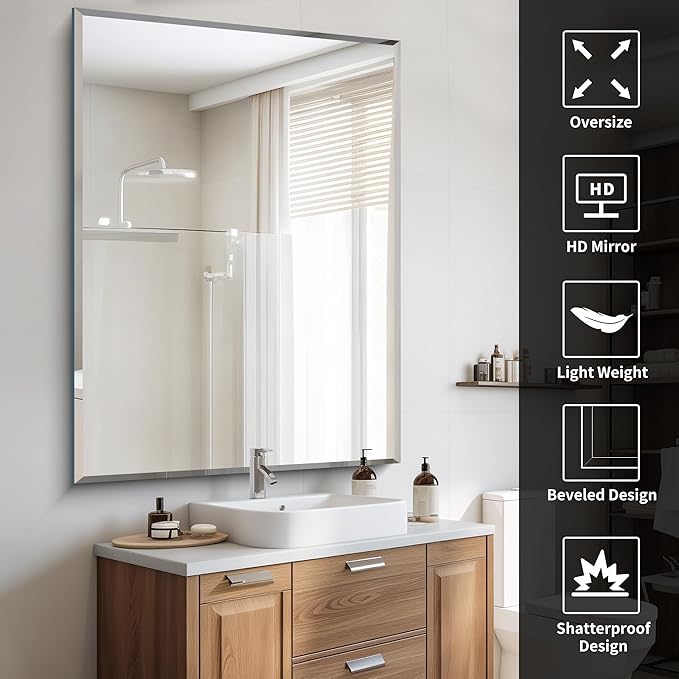 CILIBER Beveled Mirror, 36x48 Inch Large Frameless Bathroom Mirrors for Over Sink, Lightweight Design Beveled Frameless Vanity Mirror, Crystal-Clear 3mm Tempered Glass, Horizontally or Vertically