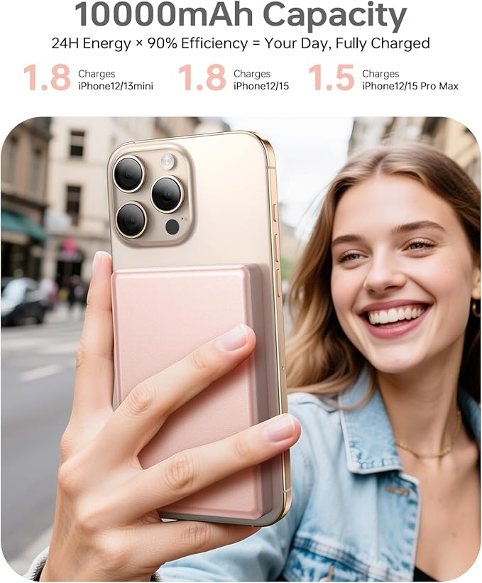 10,000mAh for MagSafe Power Bank Ultra Slim, Magnetic Wireless Charger with USB-C Cable, Fast Charging Portable Battery for iPhone 17 Pro Max/17 Pro/Air/16/15/14/13, Rose Gold