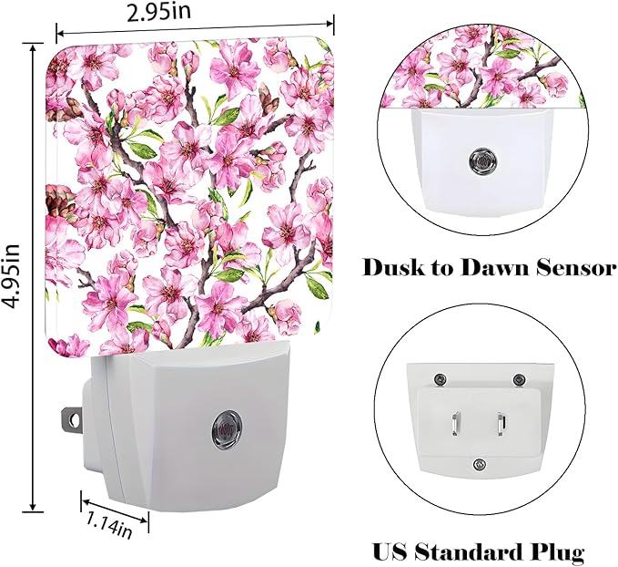 FSHVQKD Spring Flowers Blossom Night Light,Plug Into Wall for Boys Girls Bedroom Decorative Square Night Light Lamp 0.5w Sleep Friendly