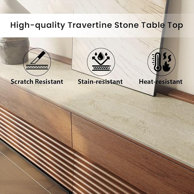 POVISON Fully-Assembled Mid Century Glossy Sintered Stone Tabletop TV Stand with Legs,Wood Media Console with Adjustable LED Light,Entertainment Center with Storage for Living Room