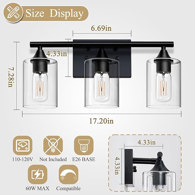 XPEHK Bathroom Lighting Fixtures Over Mirror,3-Light Black Bathroom Vanity Light,Sconces Wall Lighting with Clear Glass Shade,Light Fixture for Bedroom Living Room Vanity Table Hallway