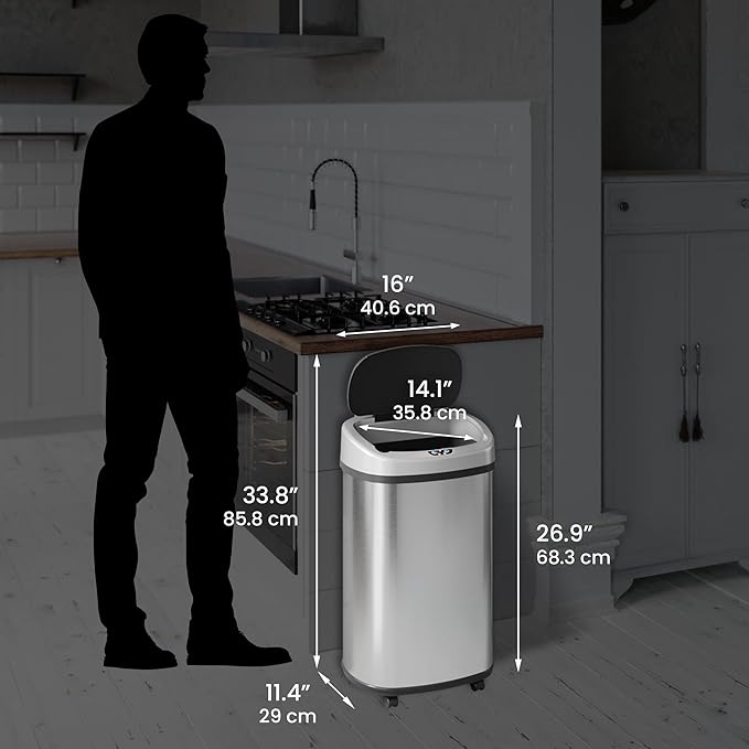 iTouchless SensorCan 50 Liter / 13 Gallon Kitchen Trash Can with Wheels & Odor Filter – Mobile Motion Sensor Stainless Steel Garbage Bin for Home, Office, Garage, Slim Oval Shape Large Capacity Design