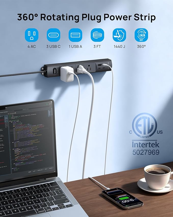 TROND 360° Rotating Plug Surge Protector, Power Strip with USB Ports, 3 USB C and 1 USB A, 1440 Joules, ETL Listed, 1625W, Wall Outlet Extender, 3ft Extension Cord for Home Office Dorm, Black