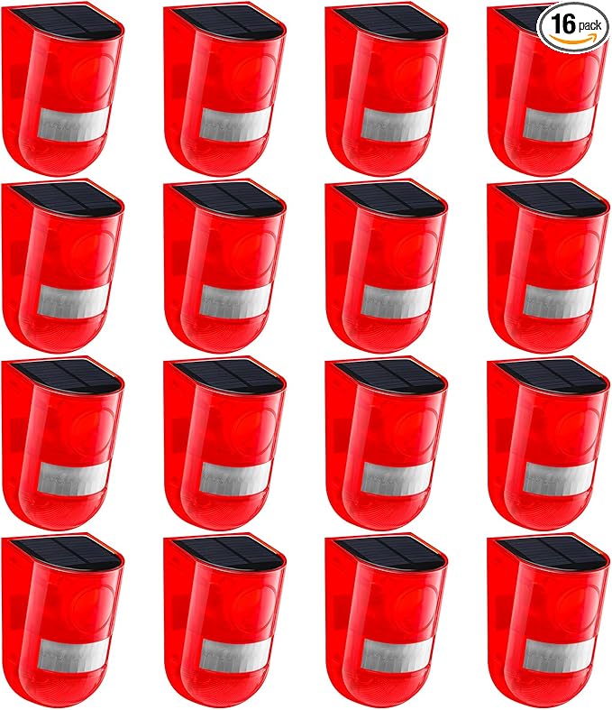 Qualirey 16 Pack Solar Sound and Light Alarm Motion Sensor 129db Outdoor Security Siren Waterproof Motion Activated Detector Alarm 6 LEDs Flash Warning Strobe System for Home, Farm (Red)