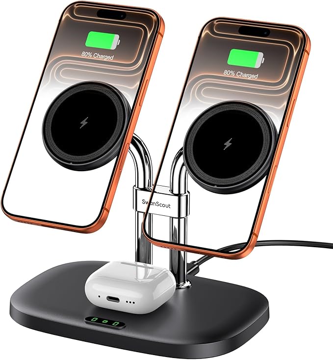 SwanScout Wireless Charger for iPhone Air/17, SwanScout 706M, Dual Magnetic Charger for iPhone 16/15/14/13/12 Series, Charging Station for AirPods Pro 3/2, AirPods 4/3rd (Black)