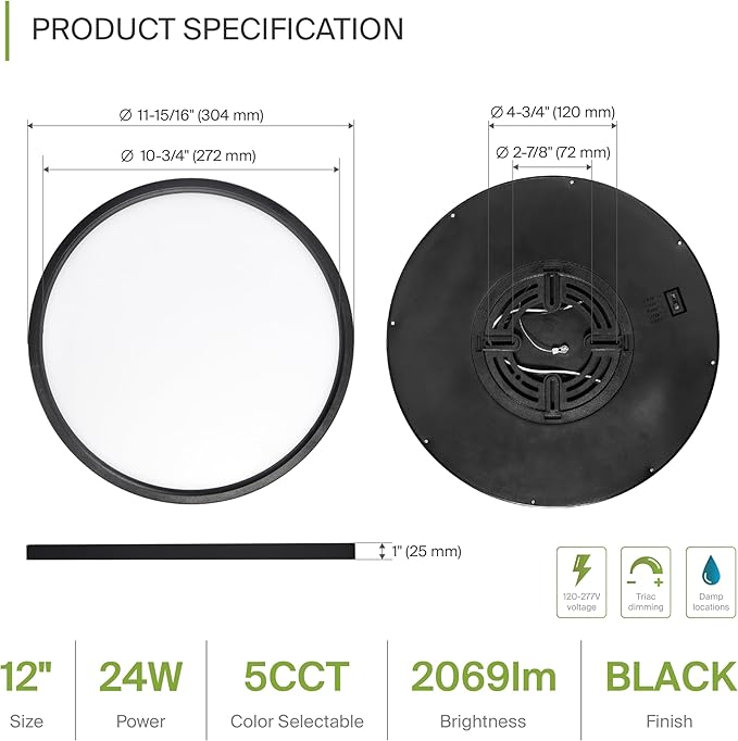 ASD LED 12" Round Flush Mount Ceiling Light Fixture, Low Profile Surface Lighting | 5CCT, Dimmable, Ultra-Thin, ETL Listed | 24W 2000LM 2700-6000K 100-277V | Kitchen, Hallway Lamp | Black, 12 Pack