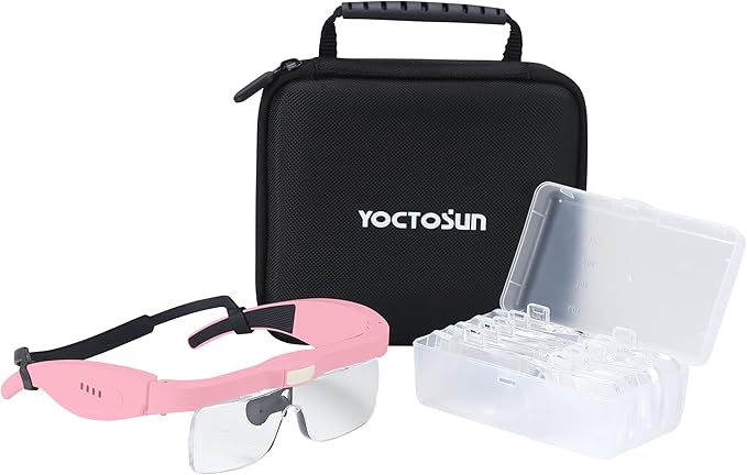 YOCTOSUN Magnifying Glasses with 3 LED Lights, Storage Case, Head Strap and 5 Detachable Lenses 0.75X,1.25X,2.0X,3.0X 4.0X, Magnifying Headset for Close Work, Jewelry, Hobby