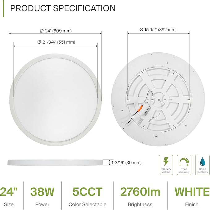 ASD LED 24" Round Flush Mount Ceiling Light Fixture, Low Profile Surface Lighting | 5CCT, Dimmable, Ultra-Thin, ETL Listed | 38W 2700LM 2700-6000K 100-277V | Kitchen, Hallway Lamp | White, 4 Pack
