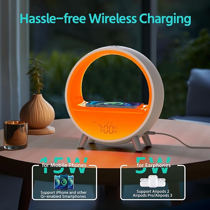 MOMILLA Sunrise Alarm Clock with Wireless Charging Station, Bluetooth Speaker, White Noise Sound Machine, Night Lights Table Lamp, Alarm Clocks for Heavy Sleepers Bedrooms Kids/Baby/Adults