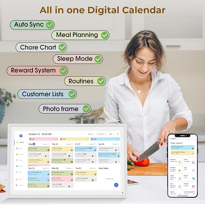 Digital Calendar, 15.6" Electronic Calendar For Wall, 1080P IPS Touchscreen Smart Family Planner& Chore Chart, Two - Way Sync With Phones Supports All Google Play Apps, Wall/Desk Mountable