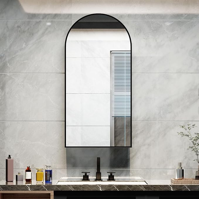 Black Arched Medicine Cabinet with Mirror, Arched Mirror Cabinet for Bathroom,Black Metal Edge Medicine Cabinet Surface Mount Only,Bathroom Arch Mirror Cabinet with Storage,16 x32 Inch