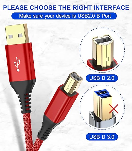sweguard Printer Cable 10ft, USB 2.0 Type A Male to B Male Printer Scanner Cord High Speed Compatible with HP, Canon, Dell, Epson, Lexmark, Xerox, Samsung and More -Red