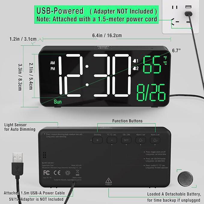 KOSUMOSU Digital Alarm Clocks for Bedrooms,6.7in Black Small Digital Clock for Bedroom, Auto Dimming,Date,Week,Seconds or Indoor Temperature,Desk Clocks for Living Room,LED Alarm Clock Calendar