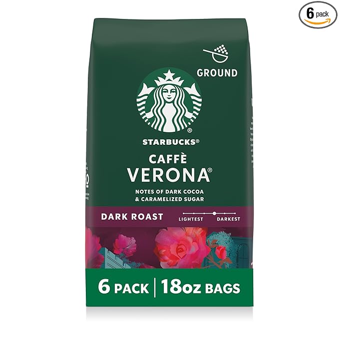 Starbucks Ground Coffee, Dark Roast Hot or Iced Coffee, Caffè Verona, Six 18 oz Bags