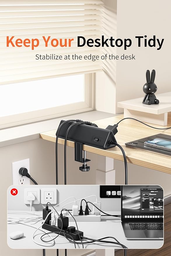 6.5 FT Desk Clamp Power Strip with 5 AC Outlets & 6 USB Ports PD 40W USB-C Fast Charging, 1250J Surge Protector, Fits 2.1 in top Edge Black