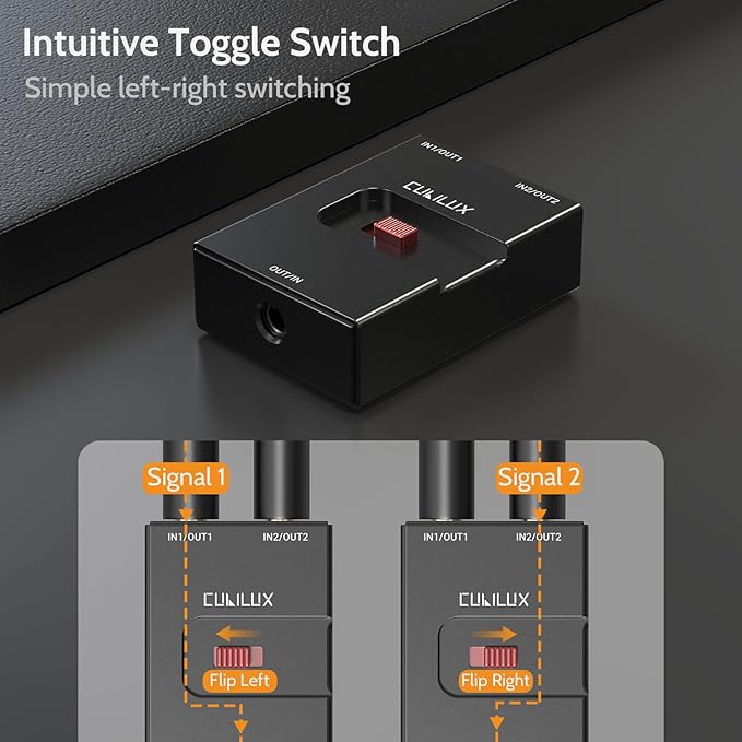 Cubilux 3.5mm Audio Selector, Bidirectional 2-In-1-Out or 1-In-2-Out 1/8-in TRS Headphone Switcher, Ultra-Compact Aluminum Case Passive Toggle A/B AUX Switch Box for PC