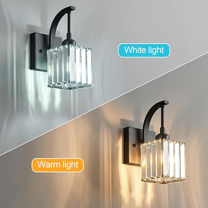 FDPBY Wall Sconces, Set of 2 Black Crystal Vanity Lights, Modern Wall Lamp for Bathroom, Hallway, and Makeup, Easy Installation