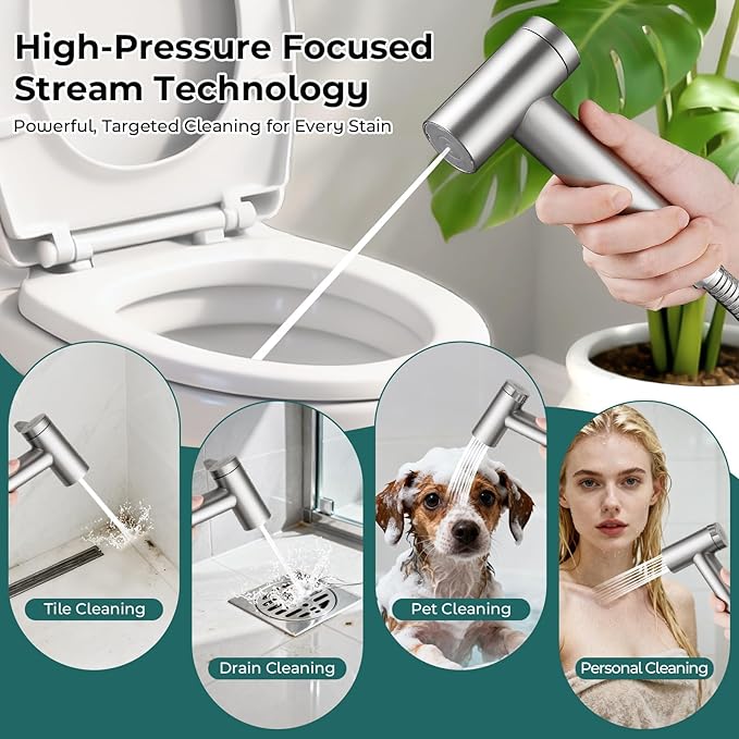Handheld Bidet Sprayer for Toilet, Adjustable Water Pressure Control Rotary Switch with Bidet Hose, Exclusive Single Nozzle High Pressure Mode for Cleaning Stubborn Stains, Brushed Nickel