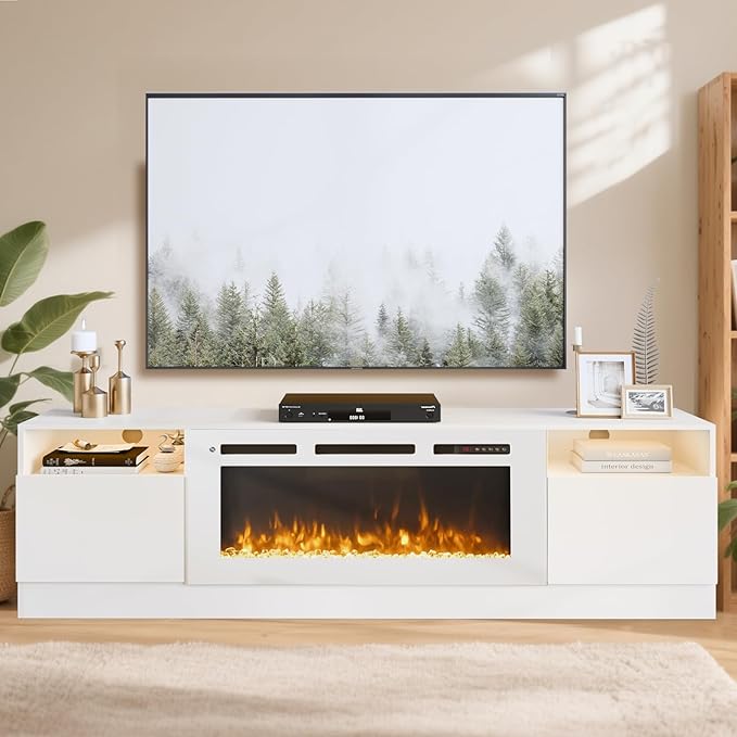 YISUFO 80” TV Stand with 36” Electric Fireplace, Large Modern Media Entertainment Center with Storage Cabinet and 12 Colors LED Lights for TVs Up to 90",All Black