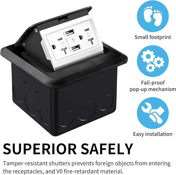 Vagueior Pop-Up Floor Box Kit, 4.8A USB Outlet, 20A Tamper-Resistant Receptacle Outlet, Corrosive Resistant Hardware, ETL Certified,Black