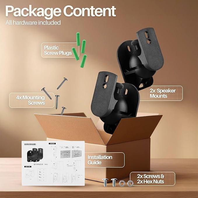TNP Universal Satellite Speaker Wall Mount Bracket Ceiling Mount Clamp with Adjustable Swivel and Tilt Angle Rotation for Home Theater Surround Sound System Satellite Speakers - 4 Pack, Black