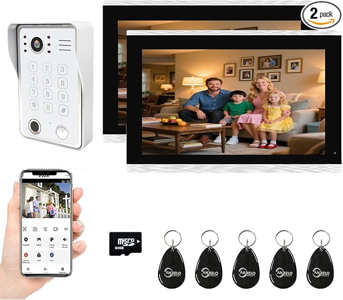 Wired Video Door Phone Kit Apartment Intercom System,10 Inch Touch Screen Monitor(Silver)with 1080P HD Doorbell Camera,Supporting Motion Detecting 5 in 1 Unlcking (1 Doorbell + 2 Monitor)