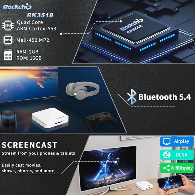 Android 14.0 TV Box 2025, LEFFOT H313 4K Ultra HD Streaming Device for TV with BT 5.4, 2GB RAM + 16GB ROM, Smart TV Box with Voice Remote, USB 3.0, HDR 10, 2.4G & 5G WiFi 6