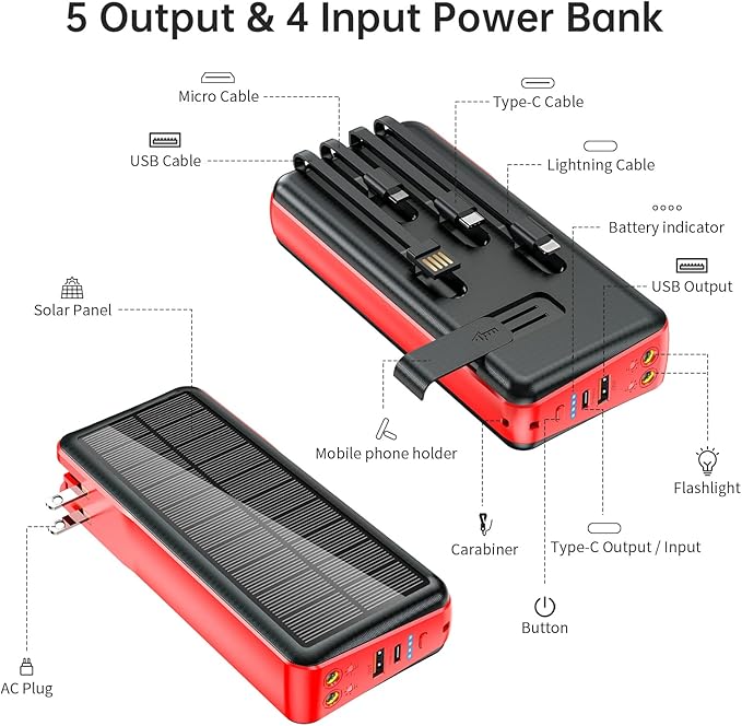 boogostore Portable Charger with Built in Cable and Wall Plug 50000mAh 22.5W Fast Charging Solar Power Bank with 5 Output & 2 Input Dual LED Flashlights Phone Holder External Battery Pack (Red)