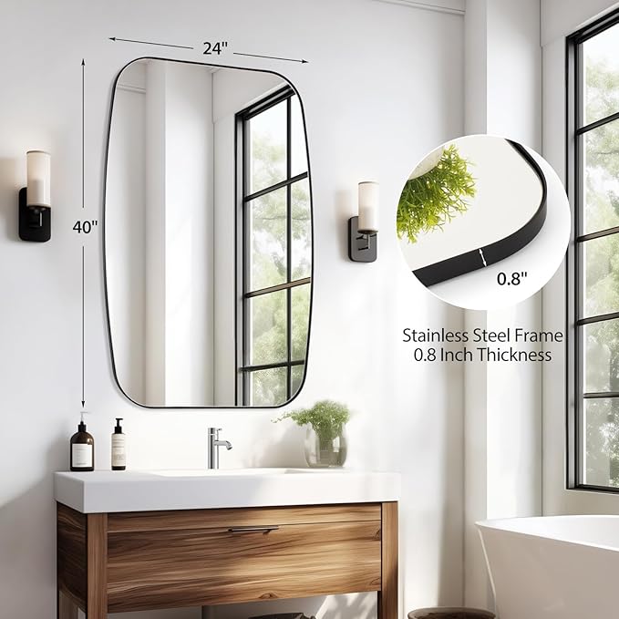 Black Oval Mirror, 24"×40" Bathroom Mirror for Wall Vanity with Stainless Steel Metal 0.8" Thin Frame, Oblong Bathrrom Mirror Modern Anti Rust