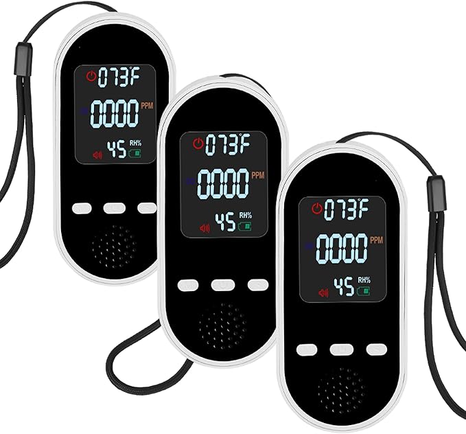 Vzmcov Portable Carbon Monoxide Detector Mini air Quality Monitor with Lanyard Alarm, CO Gas/Humidity Sensor/Indoor/Outdoor Thermometer, Battery Powered LED Screen