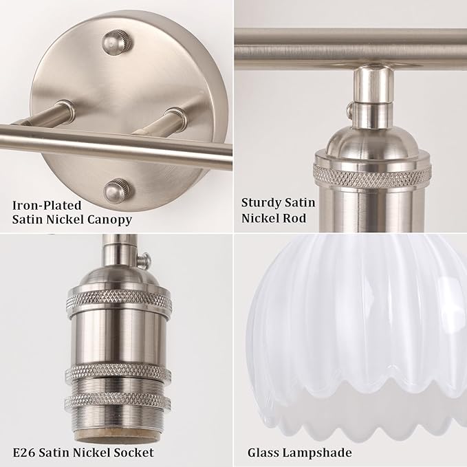 Shenmoyl Bathroom Light Fixtures, 2-Light Vanity Wall Light Over Mirror with White Tulip Glass Shade for Bedroom Living Room (Bulb Not Included), Satin Nickel