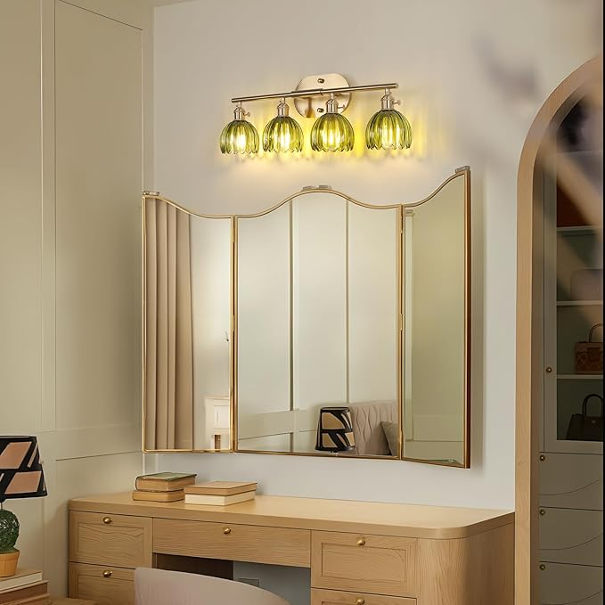 Shenmoyl Bathroom Light Fixtures, 4-Light Brass Vanity Wall Light Over Mirror with Green Tulip Glass Shade for Bedroom Living Room (Bulb Not Included)