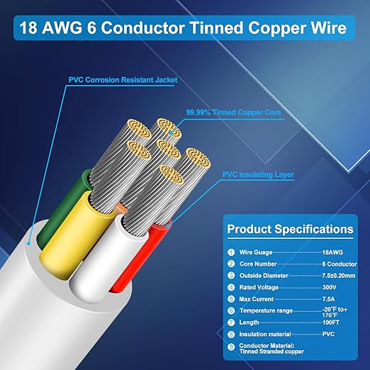 18 Gauge 6 Conductor Electrical Wire, 100FT Low Voltage 18/6 Tinned Copper Stranded 6 Wire Cable, 18 AWG White Flexible Extension Power Cord for Sprinkler, Thermostat, Speaker, Irrigation, Automotive