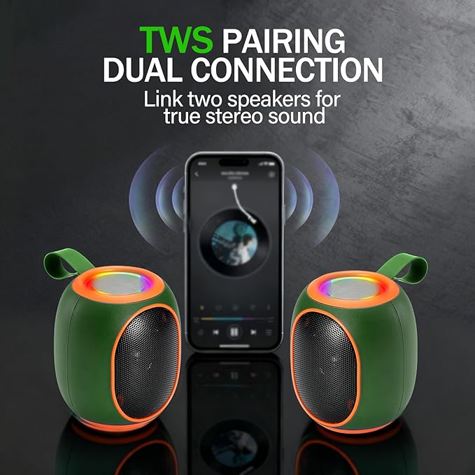 Portable Bluetooth Speaker – 8W HD audio quality, TWS stereo pairing, LED light show, compact and portable, suitable for outdoor use, can be used in cars, travel and parties, a cool teen gift(Green)