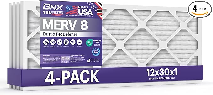 BNX TruFilter 12x30x1 Air Filter MERV 8 (4-Pack) - MADE IN USA – Dust & Pet Defense Electrostatic Pleated Air Conditioner HVAC AC Furnace Filters for Dust, Pet, Mold, Pollen MPR 600 – 700 & FPR 5