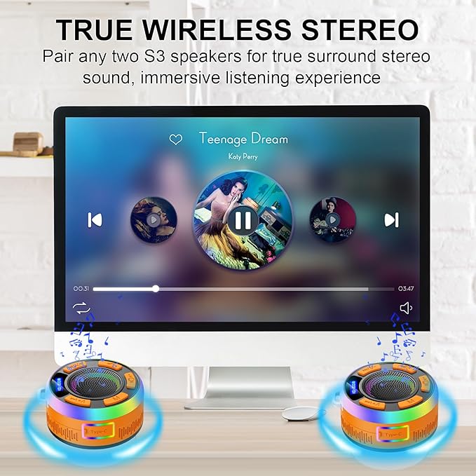 IPX7 Waterproof Shower Bluetooth Speaker, Portable Small Speaker with Suction Cup and Time Display, Loud Crystal Sound & Bass 10H Playtime 1100mAh, Shower Speakers for Pool, Beach Christmas Orange