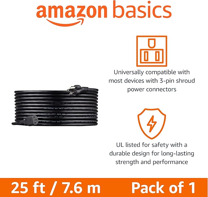 Amazon Basics PC Power Cord, 25 feet, AC Power Cord for Monitor, Computer, TV, 3 Prong, 18 AWG, 125 Volts, Black