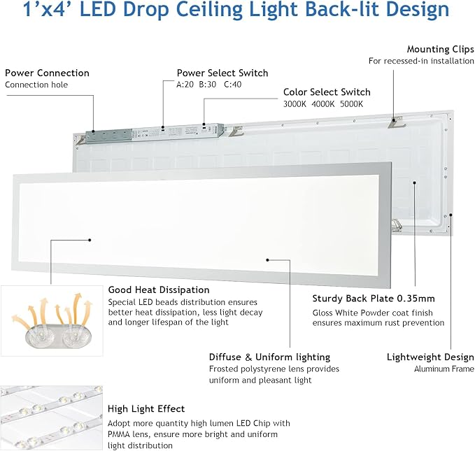 CycevSun 8 Pack 1x4 LED Flat Panel Light Drop Ceiling, 0-10V Dimmable 3000K-4000K-5000K Selectable & 20W-30W-40W Options, 4400LM, ETL