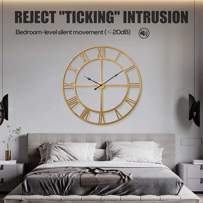 Ohweog Large Wall Clock for Living Room Decor – 48 inch Silent Non-Ticking Modern Farmhouse Wall Clock, Oversized Decorative Metal Roman Numeral Clock, Gold
