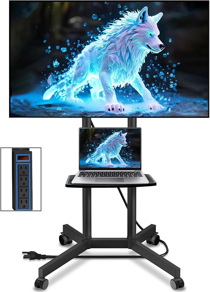 Solid Grace Rolling TV Stand with Power Outlet for 32-75 Inch TVs up to 88lbs, Portable TV Stand with Shelf, Mobile TV Cart for Living Room, Office, Meeting Room, Outdoor(with Power Outlet+Shelf)