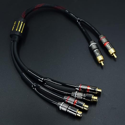 Arklove 1ft Shielded RCA Plug Splitter Stereo Audio Video Cable 2 Male to 4 Female Dual Speaker Y Adapter Connector Extension Cord 24k Gold Plated 1 Input 2 Output