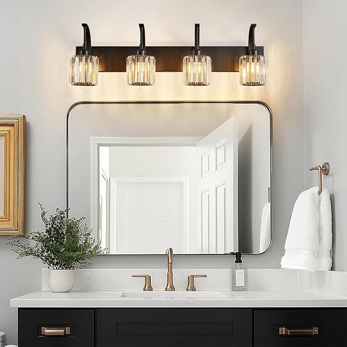 FDPBY 4-Light Crystal Vanity Light, Modern Black Bathroom Wall Sconce with K9 Crystal Shades, 32.67" Long Over Mirror Lighting for Vanity, Makeup, Hallway, Elegant & Easy Install