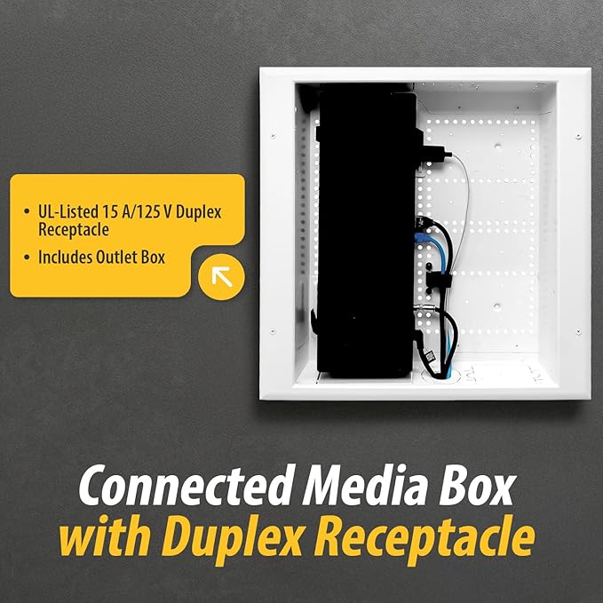 DataComm Electronics 45-8011-1P Multi-Functional Recessed Media Box with Integrated Duplex Power Receptacle For Seamless Home & Office Connectivity Solutions, In Wall Box, Hides TV Outlet & Cables