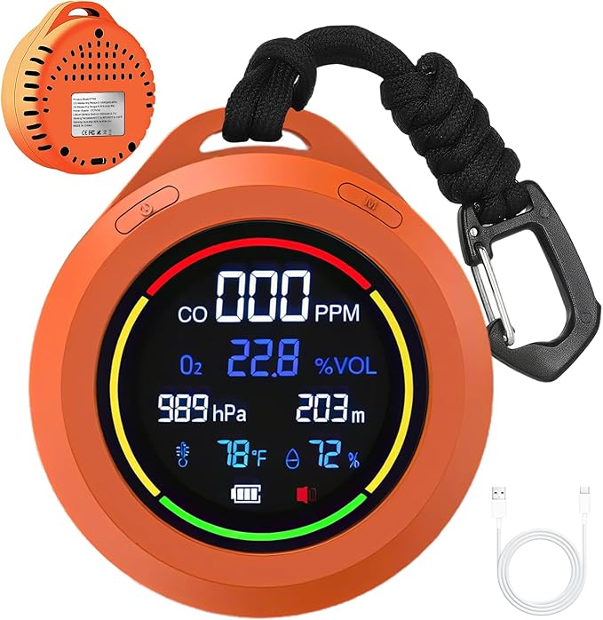 Portable Carbon Monoxide Detectors, 6-in-1 CO Detector, CO/O2/Temperature/Humidity/Altitude/Atmospheric Pressure, Portable Oxygen Detector with Alarm & Color Backlight, for Indoor, Camping, RV,Travel