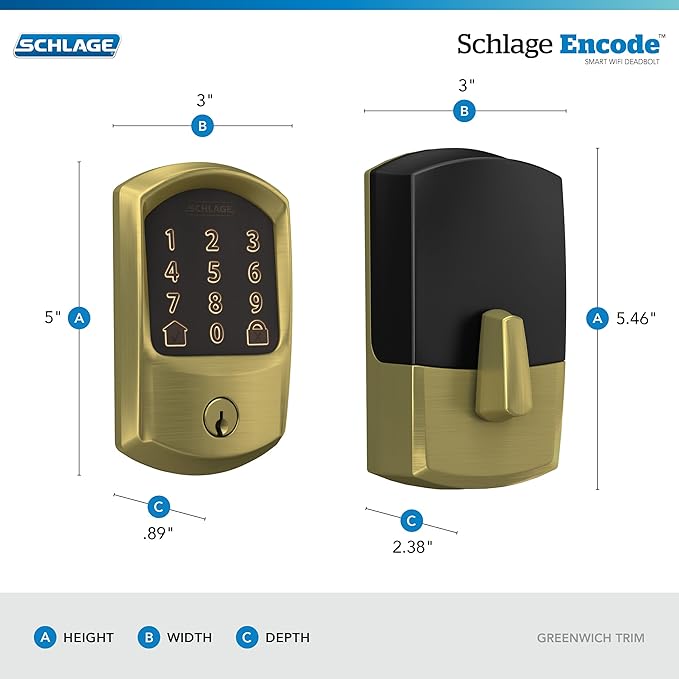 Schlage BE489WB-GRW Encode WiFi Enabled Electronic Keypad Deadbolt with Greenwich Trim - Satin Brass